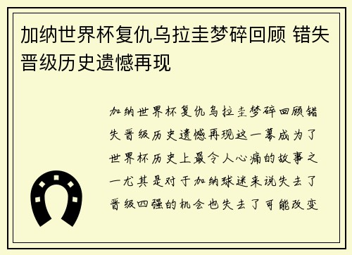 加纳世界杯复仇乌拉圭梦碎回顾 错失晋级历史遗憾再现